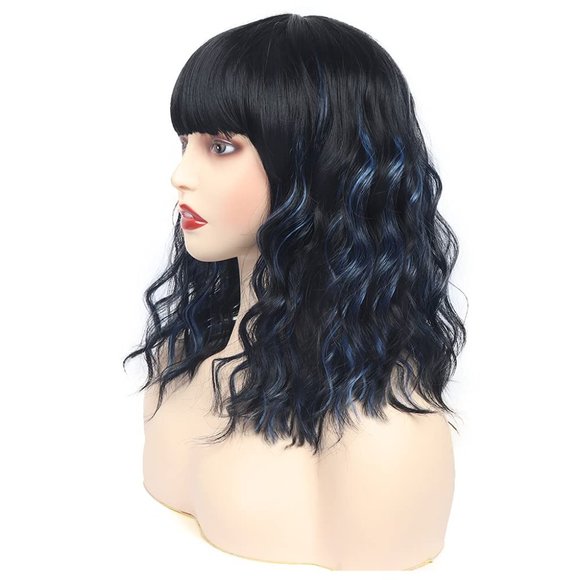 Women 14 Inches Black Mixed Blue Synthetic Short Curly Wigs with Bangs - Picture 2 of 15